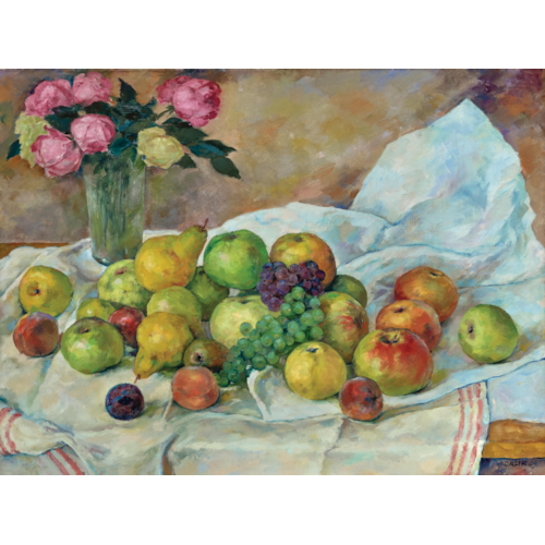 Fruit and roses on a table